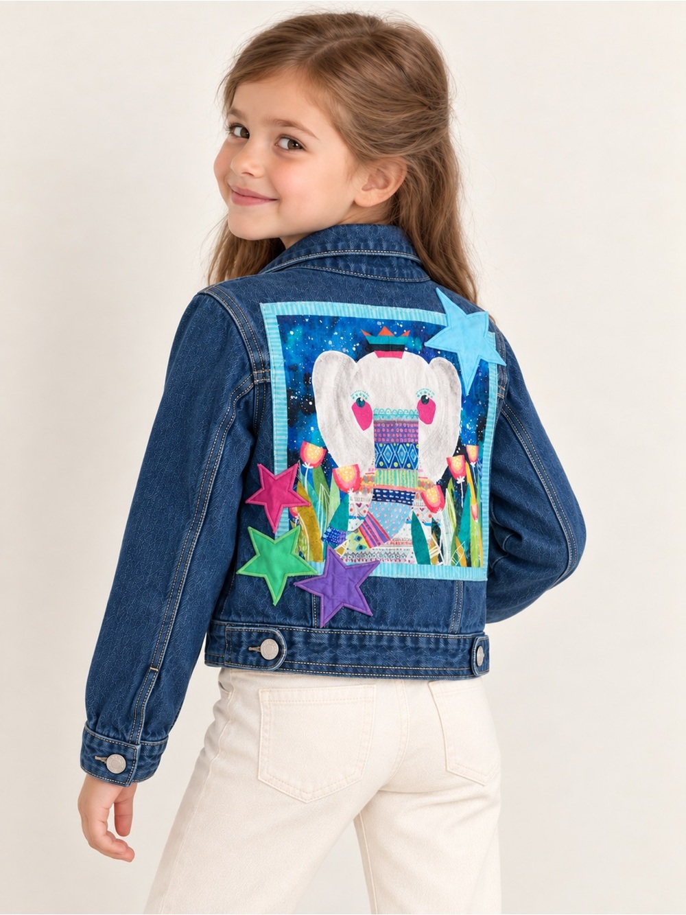 Gymboree Jennimoose Girls Denim Jacket Elephant Appliqué Size S 5-6